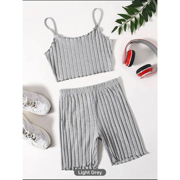 SHEIN Other - SHEIN EZwear Solid Lettuce Trim Waffle Knit Cami Top & Biker Shorts Set